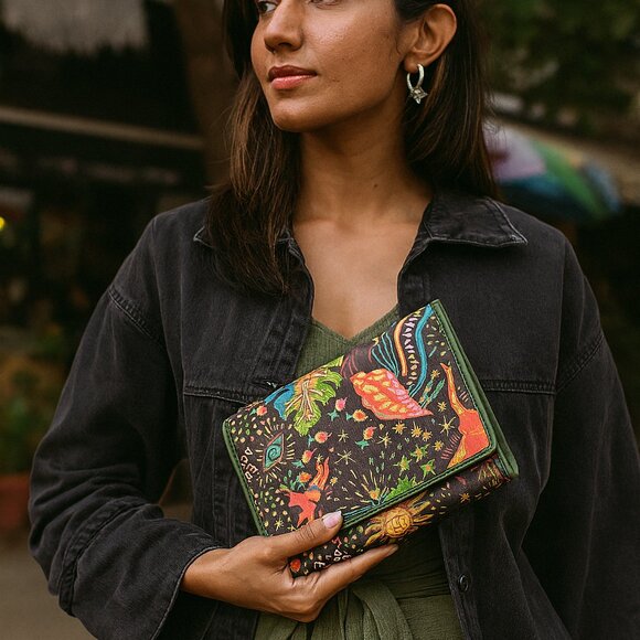 Hand Crafted Fabric Printed Green Trifold Wallet Card Holder – Women’s Organizer - Picture 2 of 9